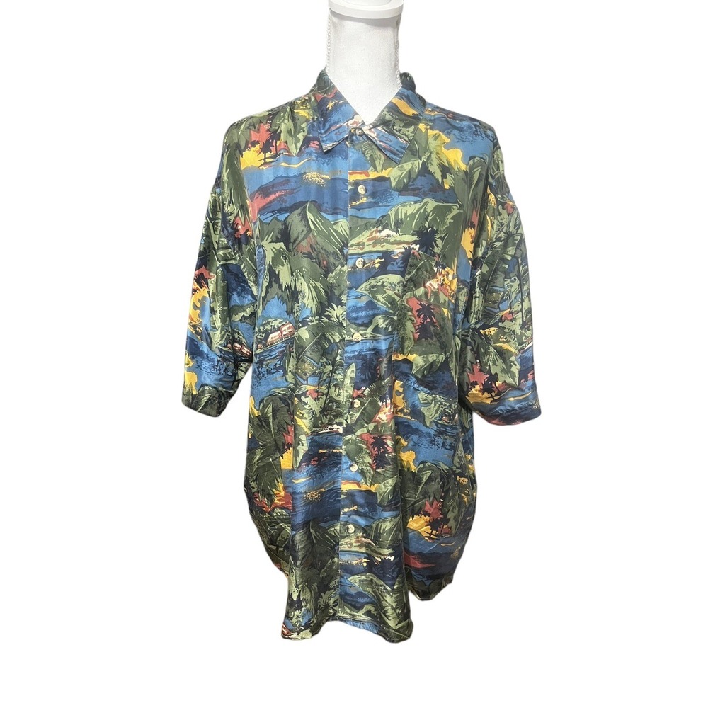 Vintage Hilo Hattie Blue & Green Island Print ‎ Mens Hawaiian Shirt Size Large